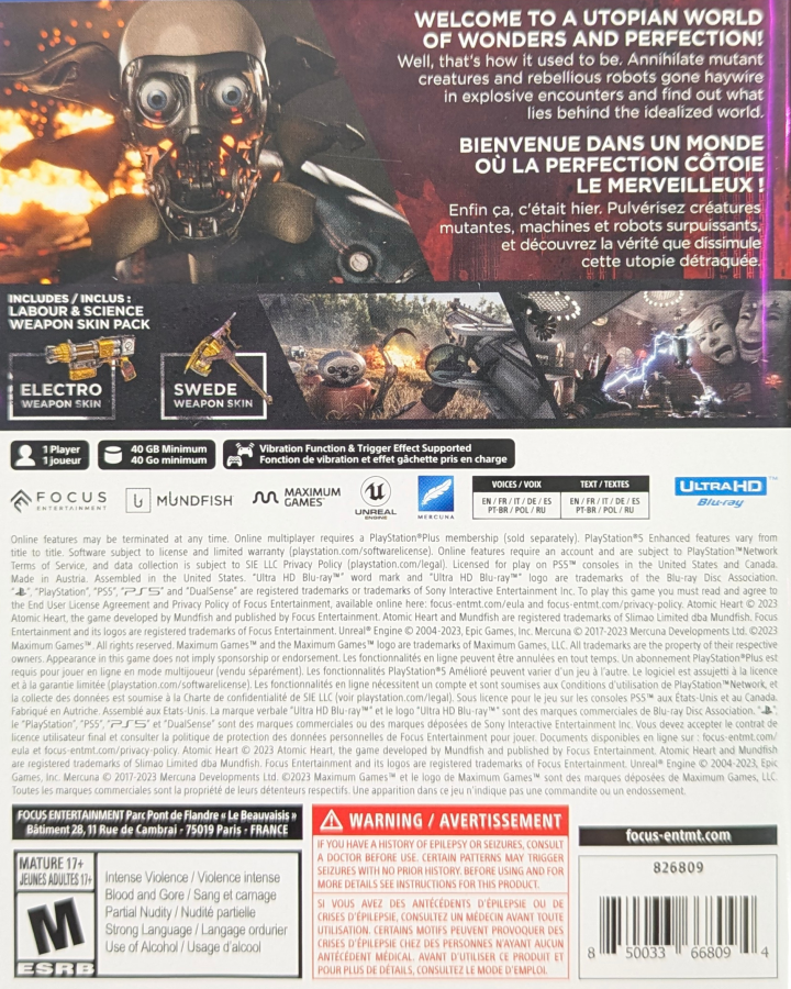 Atomic Heart PlayStation 5 first-person shooter sci-fi action game alternate Soviet Union setting robotic enemies open-world biomechanical combat polymer powers narrative-driven back cover