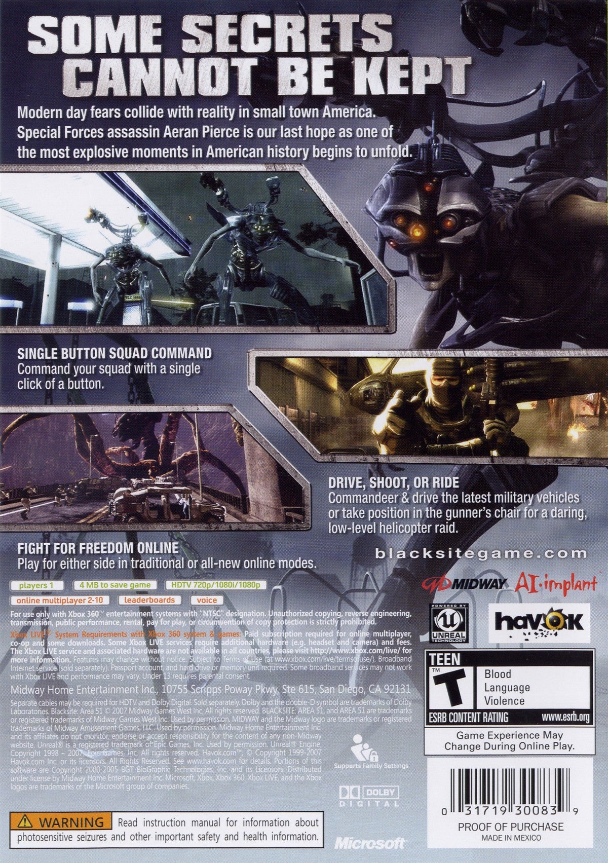 BlackSite: Area 51 for Xbox 360 (X360) at Gamers INC, featuring an intense sci-fi first-person shooter where you lead a specialized squad of soldiers against an extraterrestrial invasion in the Nevada desert, using a squad morale system to influence your team’s performance through tactical shootouts, vehicle segments, and cinematic action sequences in a modern-day alien conspiracy story back cover