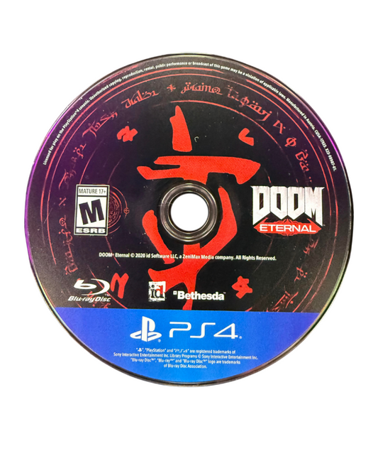 DOOM Eternal PS4 game featuring fast-paced first-person shooter action, intense demon-slaying combat, and brutal high-speed gameplay disc