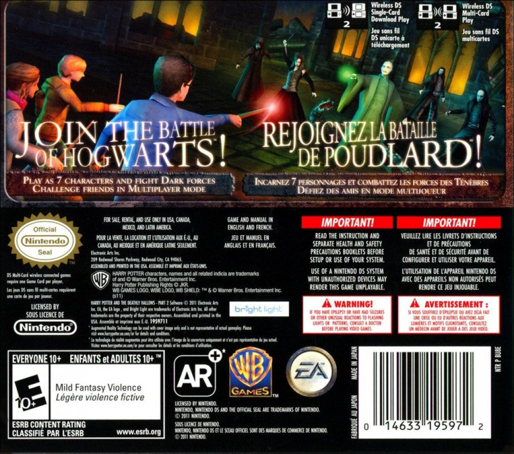 Harry Potter and the Deathly Hallows Part 2 for Nintendo DS, back of case for an action-adventure video game with spell-based combat, mission gameplay, and wizarding world storyline