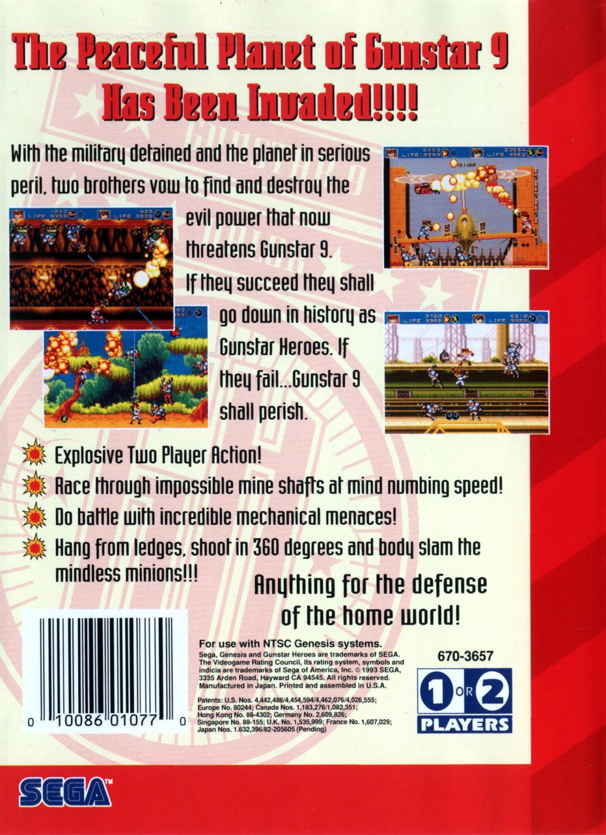 Gunstar Heroes Sega Genesis GEN for retro video game enthusiasts featuring side scrolling run and gun gameplay fast paced cooperative action explosive boss battles unique weapon combinations vibrant 16 bit visuals and collectible gaming appeal back art