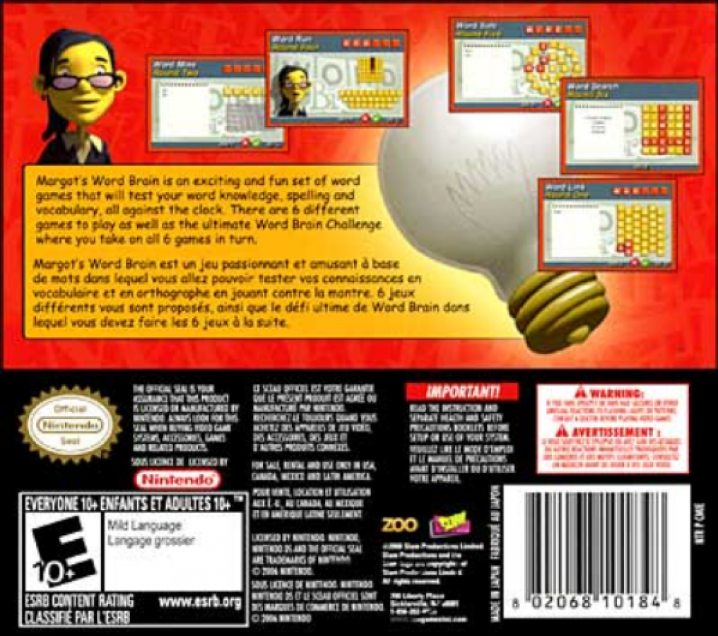 Margot's Word Brain back of case for Nintendo DS (DS) word puzzle video game