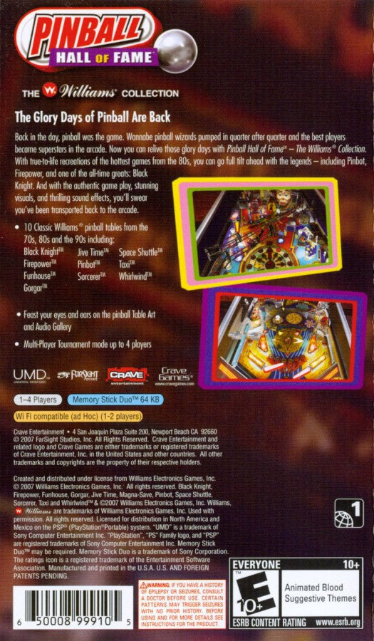 Pinball Hall of Fame: The Williams Collection back of case for PlayStation Portable (PSP) classic pinball simulation game