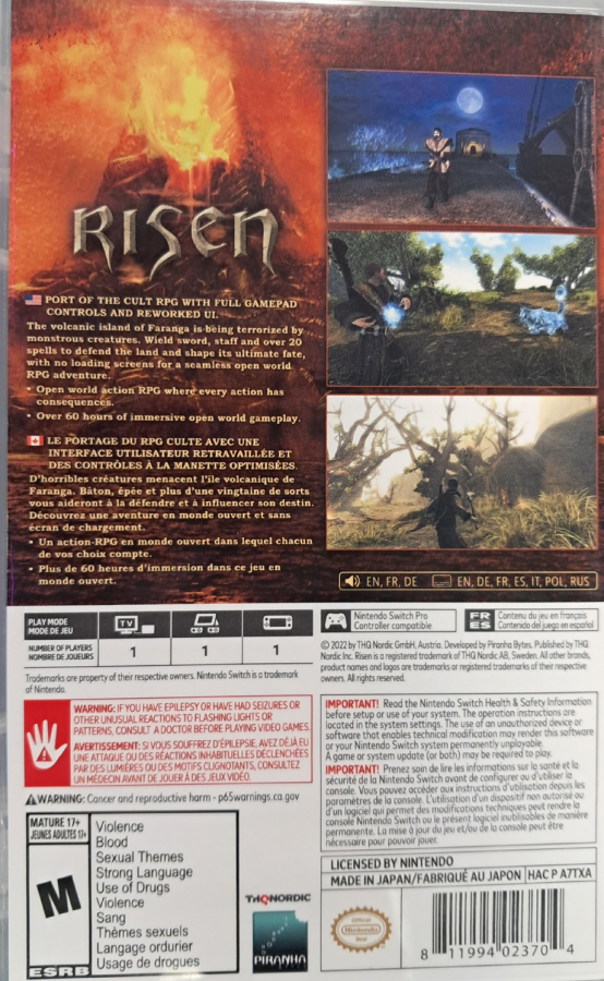 Risen Nintendo Switch inspired design featuring open world fantasy role playing adventure aesthetic mysterious island exploration immersive quests sword and magic combat deep character progression rich medieval environments and classic RPG gameplay presentation back cover