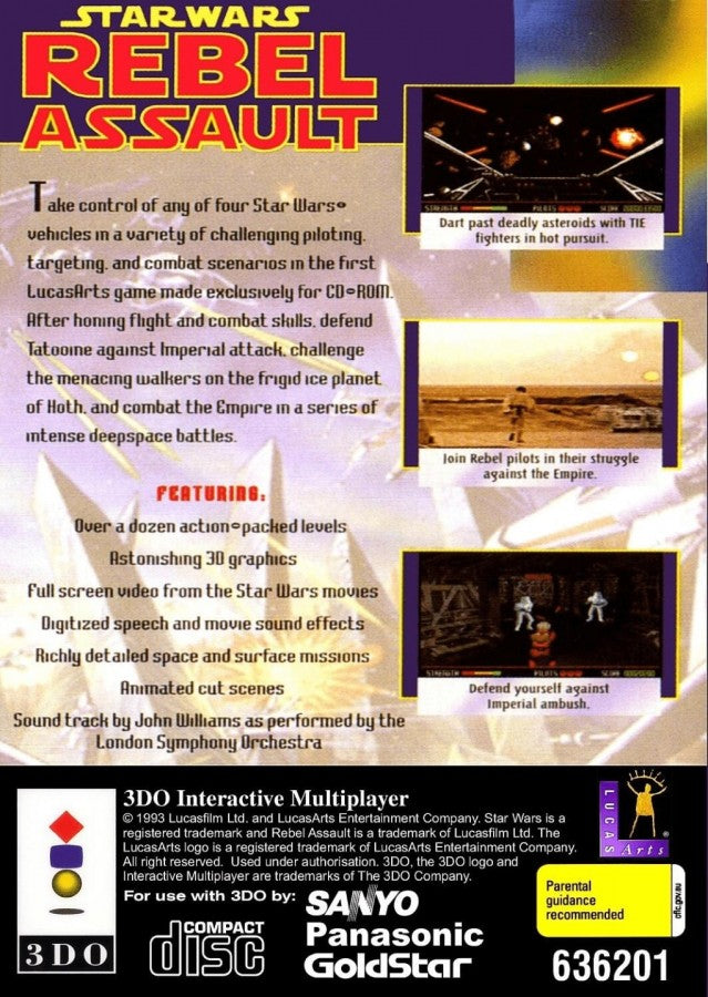 Star Wars: Rebel Assault back of case for Panasonic 3DO (3DO) rail shooter action video game
