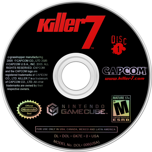 Killer7 Nintendo GameCube GCN for action adventure video game fans featuring stylish cel shaded visuals psychological thriller storyline first person shooting puzzle solving multiple playable assassins unique gameplay mechanics surreal atmosphere cult classic Capcom adventure collectible gaming appeal disc 1
