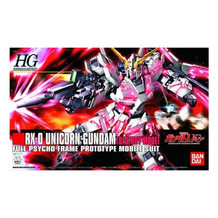 RX-0 Unicorn Gundam (Destroy Mode) HGUC 1/144 Model Kit – Bandai High Grade Universal Century 1/144 scale plastic model kit from Mobile Suit Gundam Unicorn featuring Destroy Mode with psycho-frame detail and dynamic box art