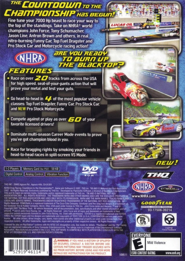 NHRA Countdown to the Championship 2007 – PlayStation 2 (PS2) video game back of case, drag racing simulation game.