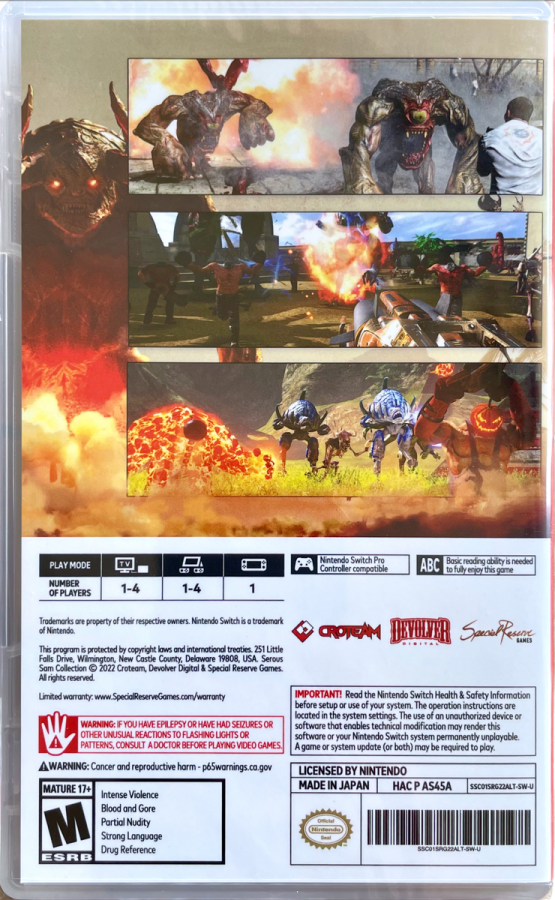 Serious Sam Collection Nintendo Switch inspired design featuring fast paced first person shooter anthology aesthetic chaotic arena combat hordes of enemies explosive weapon gameplay classic arcade style action sci fi environments high intensity retro shooter presentation back cover