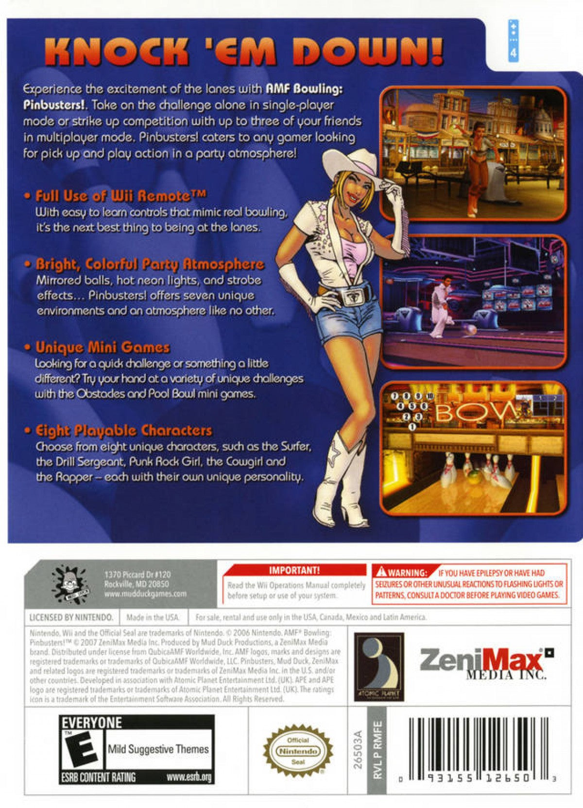 AMF Bowling Pinbusters Wii inspired design featuring arcade bowling sports gameplay aesthetic motion controlled lane action colorful characters family friendly competition multiplayer party fun casual Nintendo Wii entertainment presentation back cover art
