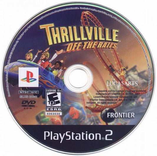 Thrillville Off The Rails – PlayStation 2 (PS2) video game disc, theme park management and simulation.