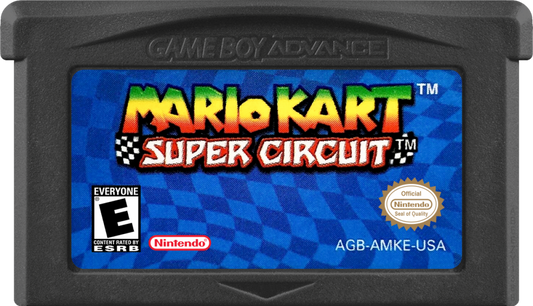 Mario Kart Super Circuit Game Boy Advance GBA video game featuring Mario Kart racing gameplay colorful tracks kart customization power ups competitive racing classic Mario characters time trials and fast paced handheld racing action retro video game collection collectible gaming appeal cartridge