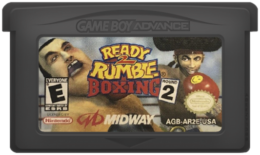Ready 2 Rumble Boxing Round 2 for Game Boy Advance (GBA), cartridge for a retro video game featuring arcade-style boxing gameplay, fast-paced combat, character-based fighters, tournament challenges, and over-the-top sports action