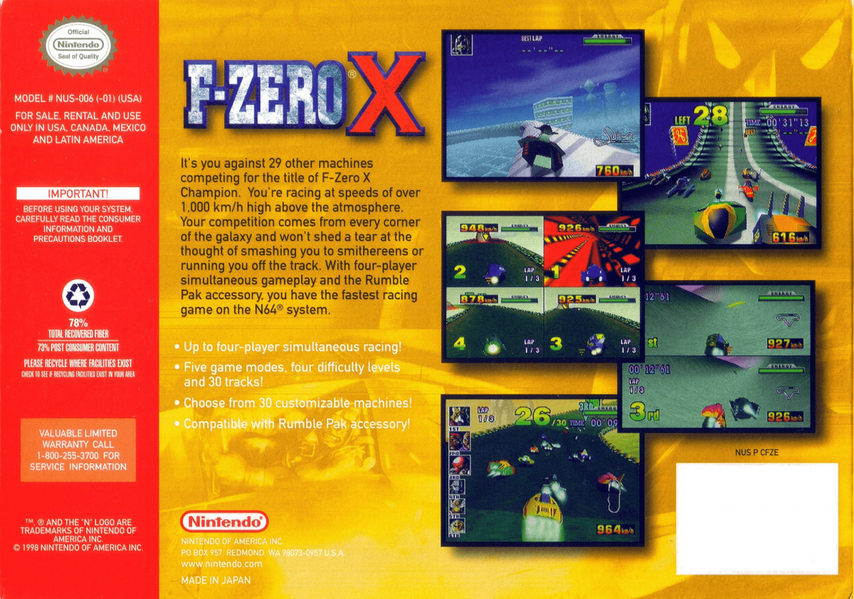 F-Zero X back cover art for Nintendo 64 (N64) video game