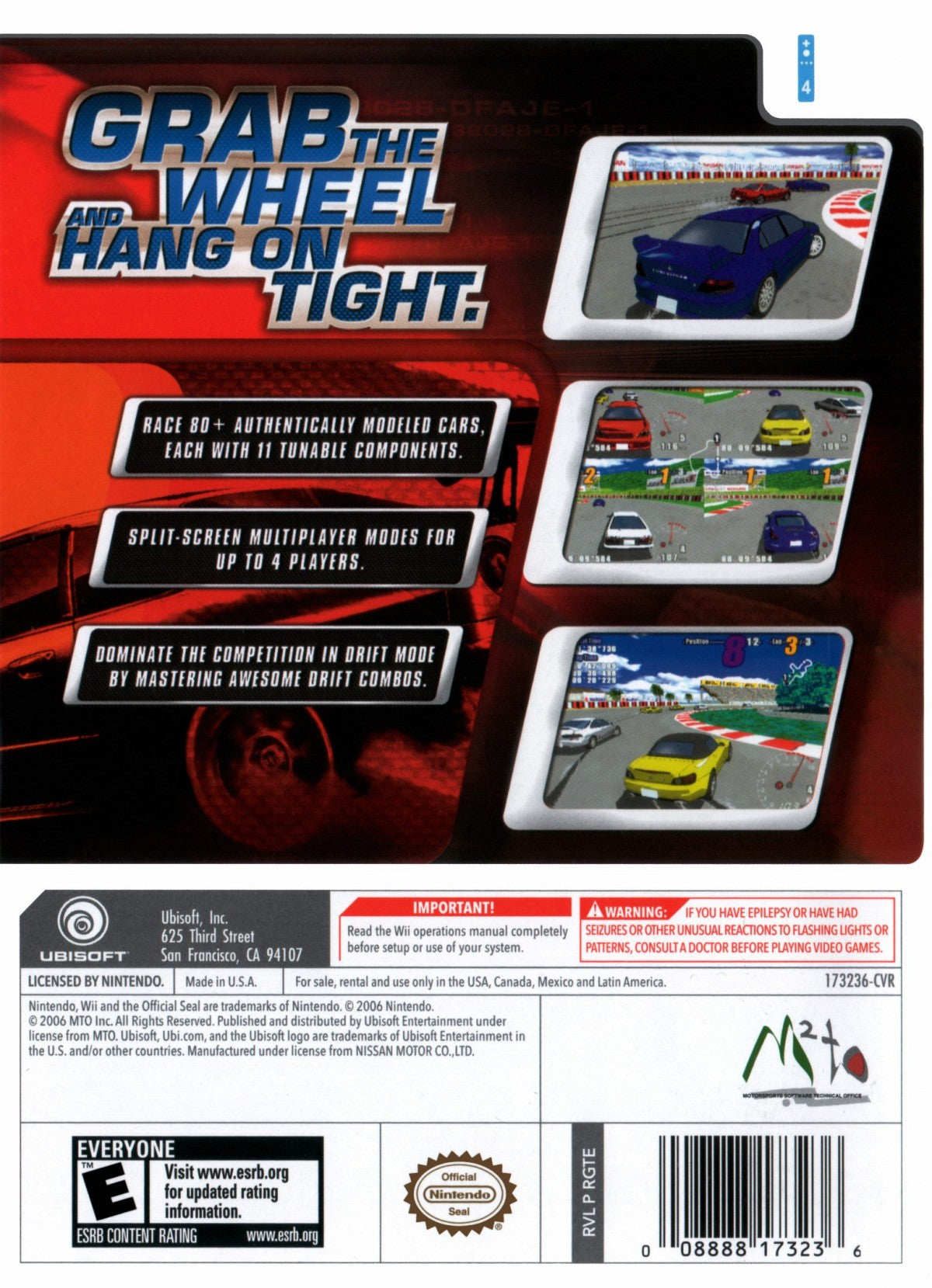 GT Pro Series for Nintendo Wii, back of case for a racing video game with street racing, licensed cars, arcade driving, and competitive motorsports game