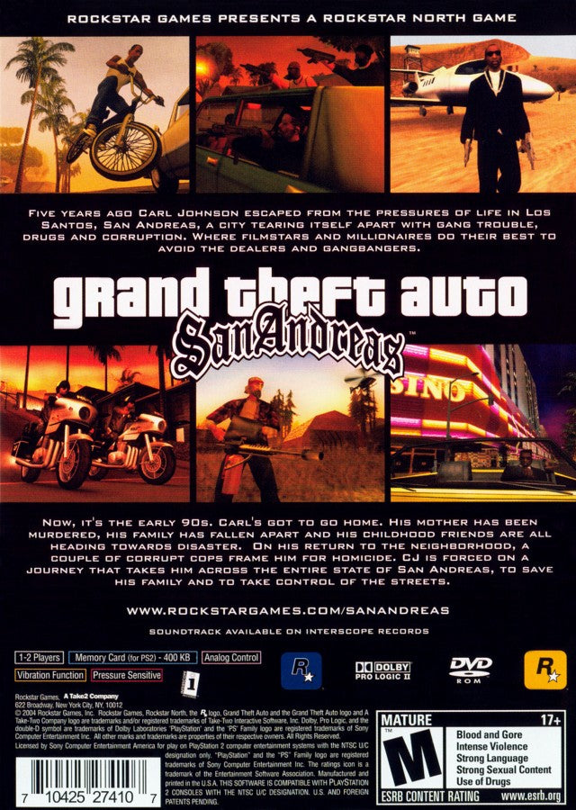 Grand Theft Auto San Andreas PlayStation 2 open-world action-adventure video game Rockstar Games CJ Carl Johnson returning home Los Santos San Fierro Las Venturas gang warfare missions exploration vehicle hijacking customization RPG elements 90s setting crime saga back cover