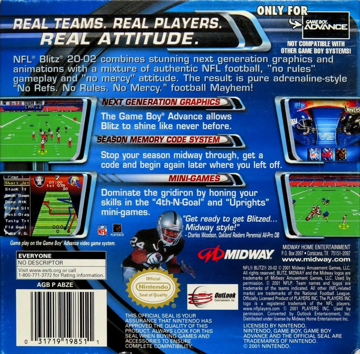 NFL Blitz 2002 Game Boy Advance back of case for retro video game featuring arcade style football gameplay, hard hitting tackles, fast paced matches, exaggerated sports action, and portable NFL competition on the GBA handheld system