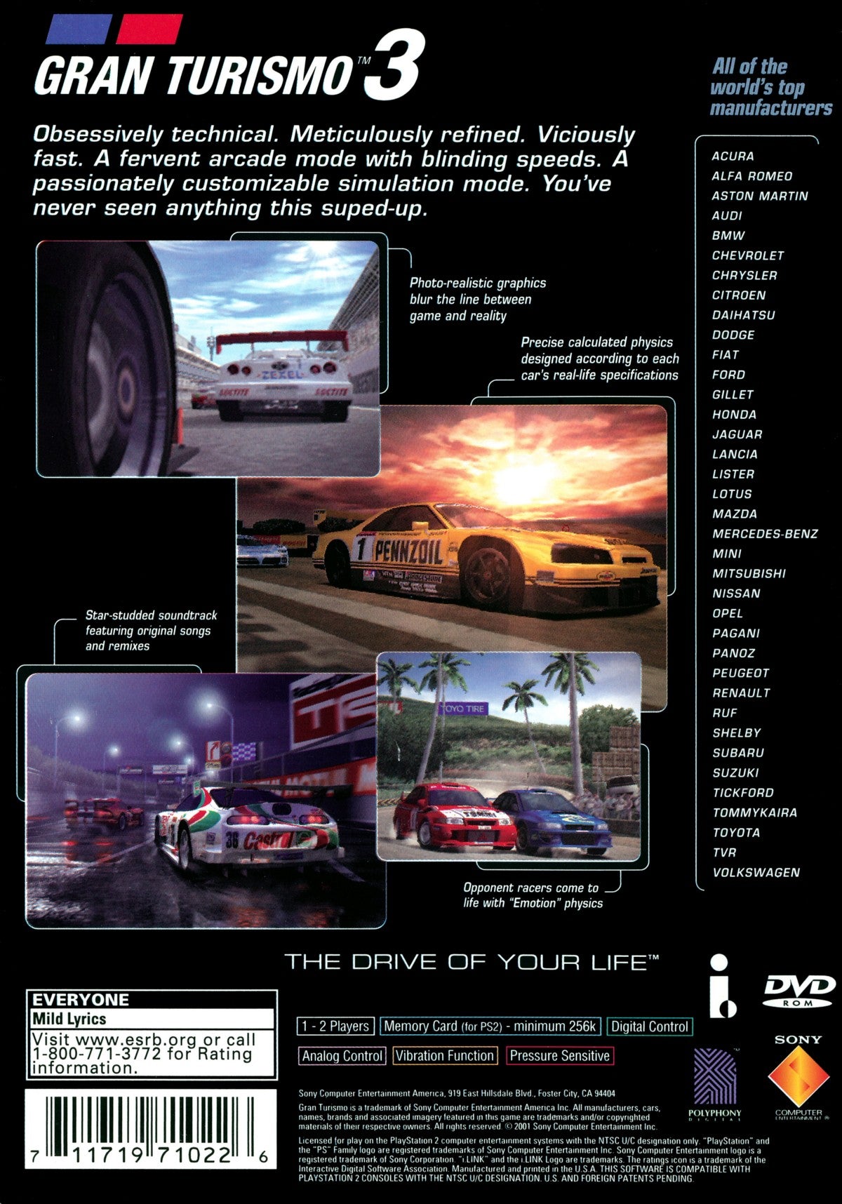 Gran Turismo 3 A Spec PS2 Sony PlayStation 2 racing simulation game car racing simulator driving realism motorsport Gran Turismo series Polyphony Digital classic racing game retro PlayStation 2 software driving game title back cover art