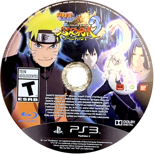 Naruto Shippuden: Ultimate Ninja Storm Full Burst PlayStation 3 PS3 video game, action fighting, anime-based combat, story-driven ninja battles, console title disc