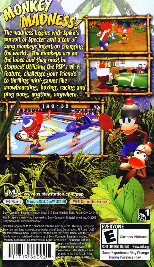 Ape Escape On the Loose game for the PlayStation Portable featuring action platformer gameplay with gadget based mechanics time travel stages and monkey catching missions starring Spike in a colorful cartoon style adventure back cover art