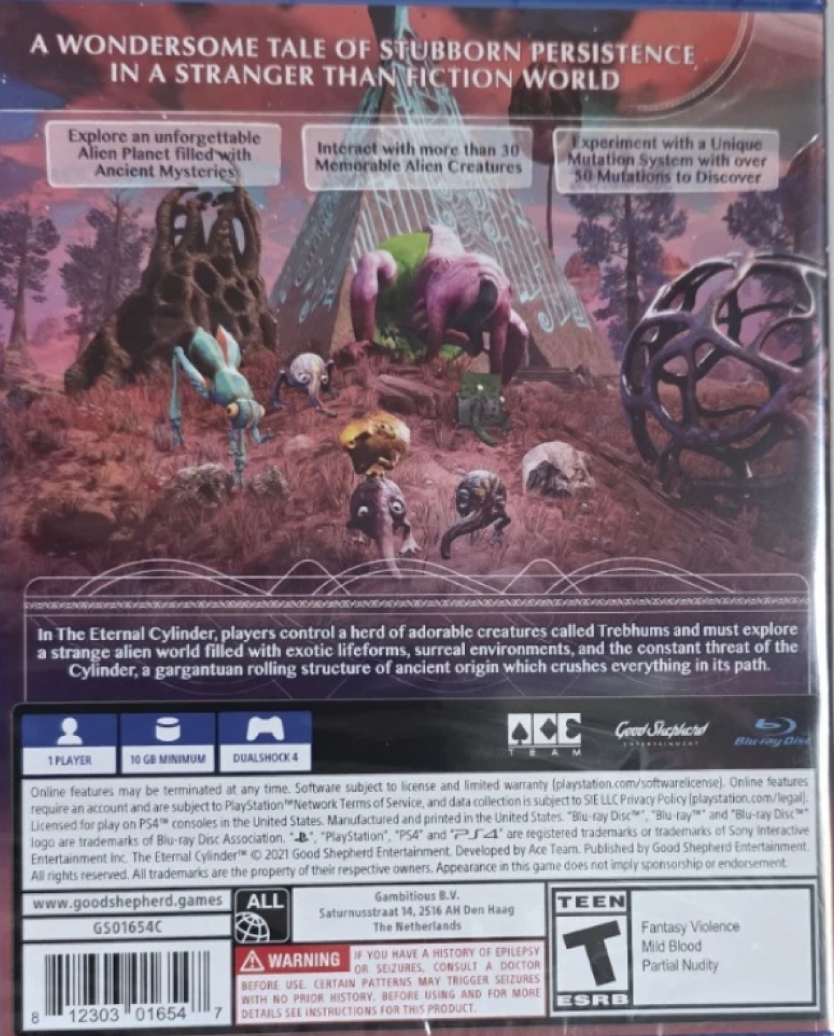 The Eternal Cylinder – PlayStation 4 (PS4) video game back of case, survival adventure.