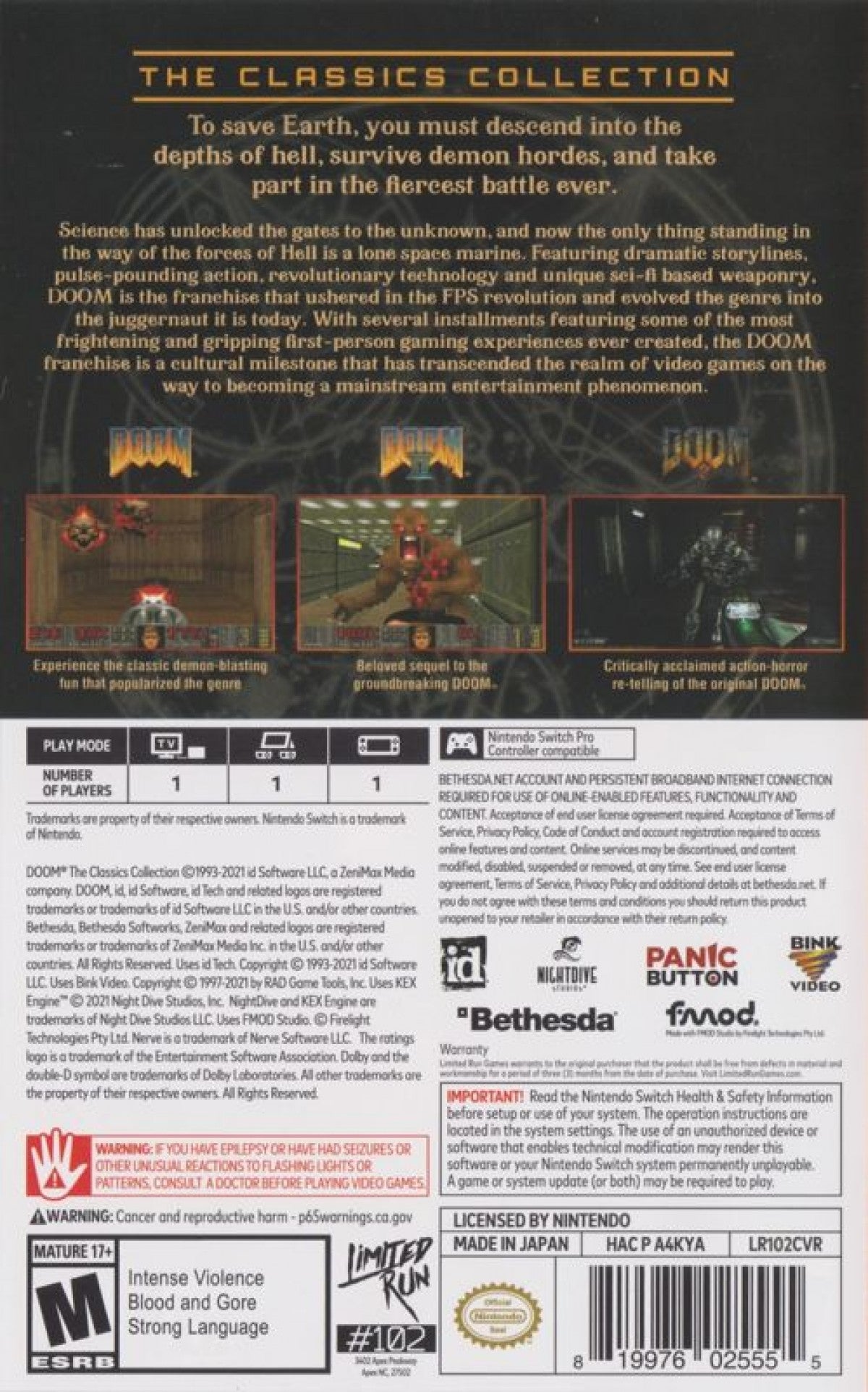 DOOM The Classics Collection for Nintendo Switch featuring classic first person shooter action with multiple iconic DOOM titles included back cover art
