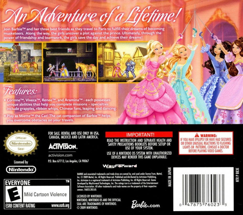 Barbie and the Three Musketeers – Nintendo DS: Join Barbie on a swashbuckling adventure as she trains to become a musketeer and saves the kingdom with courage and style back cover