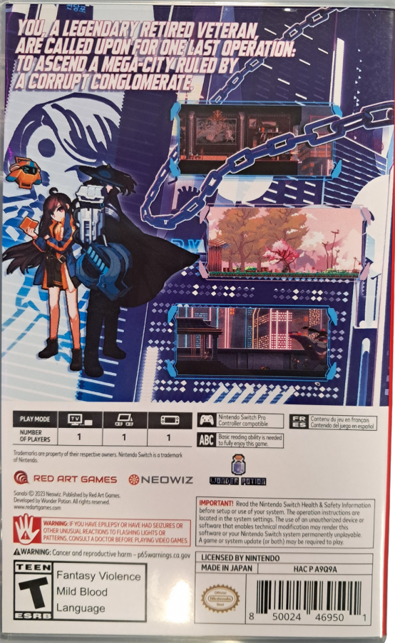 SANABI Nintendo Switch inspired design featuring cyberpunk action platform adventure aesthetic high speed grappling hook traversal dystopian futuristic cityscapes intense side scrolling combat pixel art visuals emotional storytelling challenging missions and stylish sci fi gameplay presentation back cover