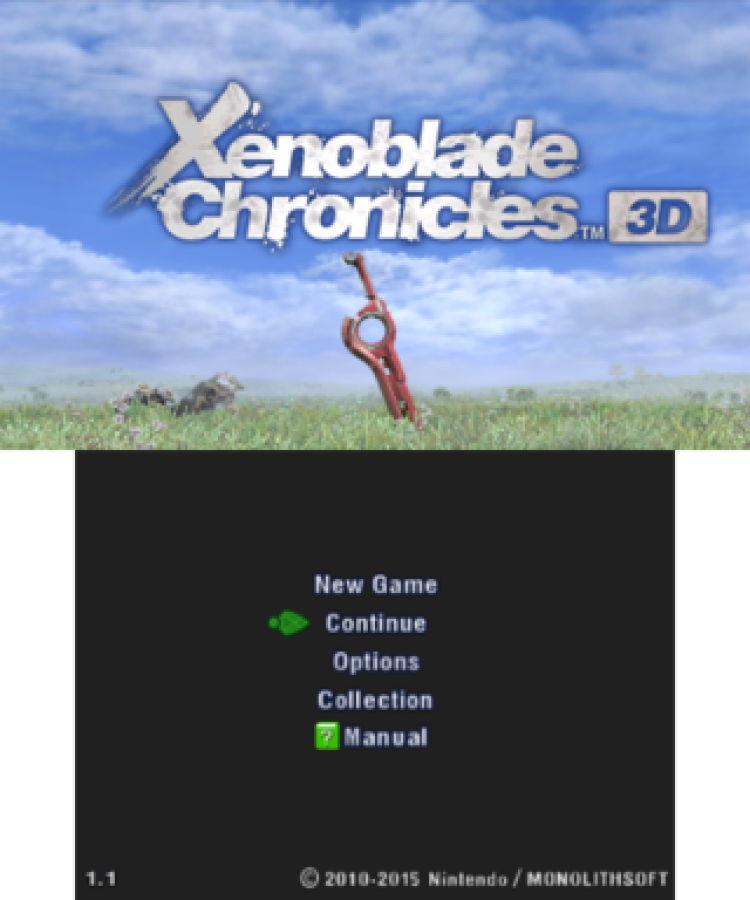 Xenoblade Chronicles 3D main menu for Nintendo 3DS (3DS) action role-playing video game