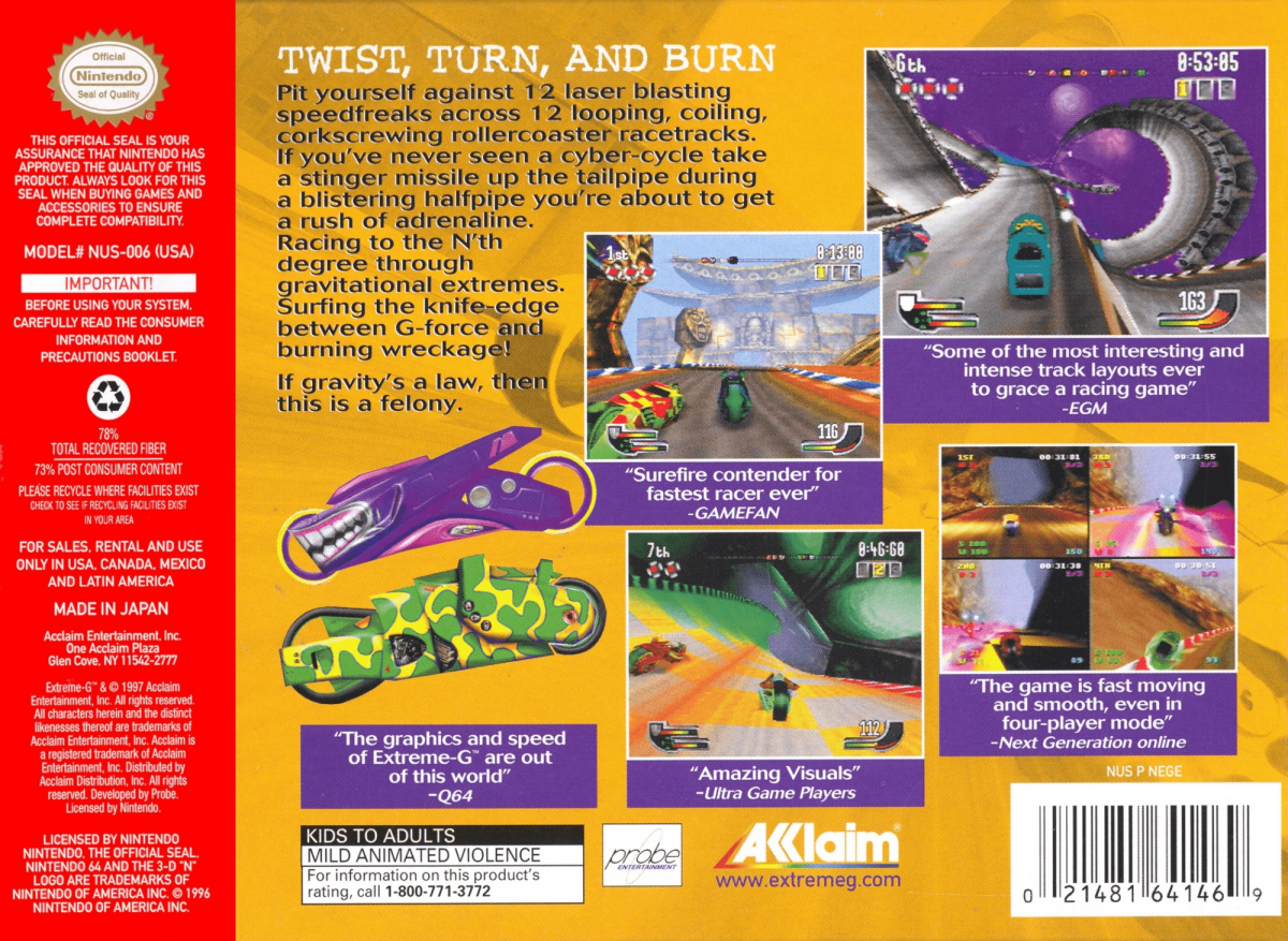 Exterme-G back cover art for Nintendo 64 racing video game.