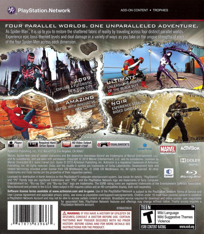 Spider-Man Shattered Dimensions PlayStation 3 action beat 'em up video game four Spider-Men universes Amazing Noir 2099 Ultimate Noir stealth Amazing brawler 2099 sci-fi Ultimate black suit collectibles boss battles back cover art