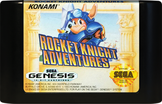 Rocket Knight Adventures Sega Genesis GEN video game featuring action platforming gameplay Sparkster rocket powered movement sword combat enemy battles colorful fantasy environments challenging stages boss fights and classic 16 bit Sega gameplay retro video game collection collectible gaming appeal game cartridge