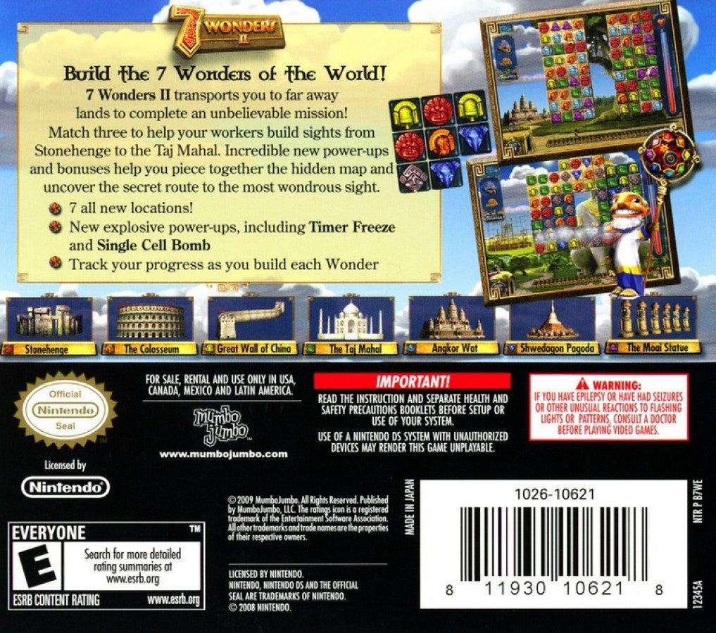 7 Wonders II back cover art for the Nintendo (DS) video game