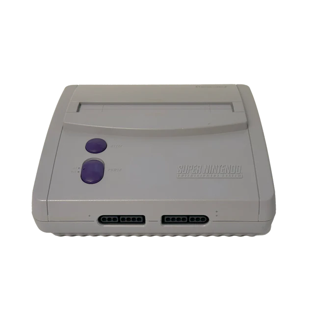 Front view of the Super Nintendo Entertainment System Jr. (SNES Jr.) console with compact rounded casing and two controller ports.