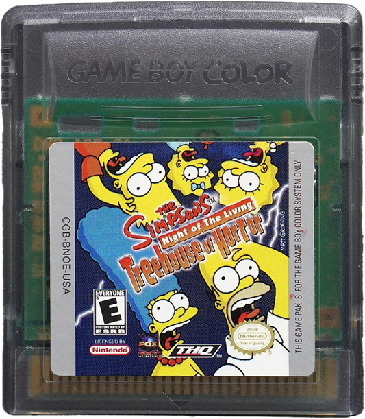 The Simpsons Night of the Living Treehouse of Horror for Game Boy Color, cartridge for a platformer video game with side-scrolling gameplay, Halloween-themed levels, character-based challenges, and cartoon-style action