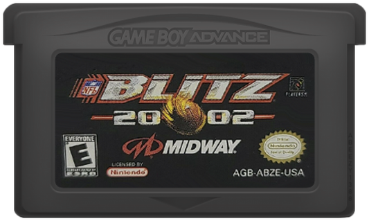 NFL Blitz 2002 Game Boy Advance cartridge for retro video game featuring arcade style football gameplay, hard hitting tackles, fast paced matches, exaggerated sports action, and portable NFL competition on the GBA handheld system