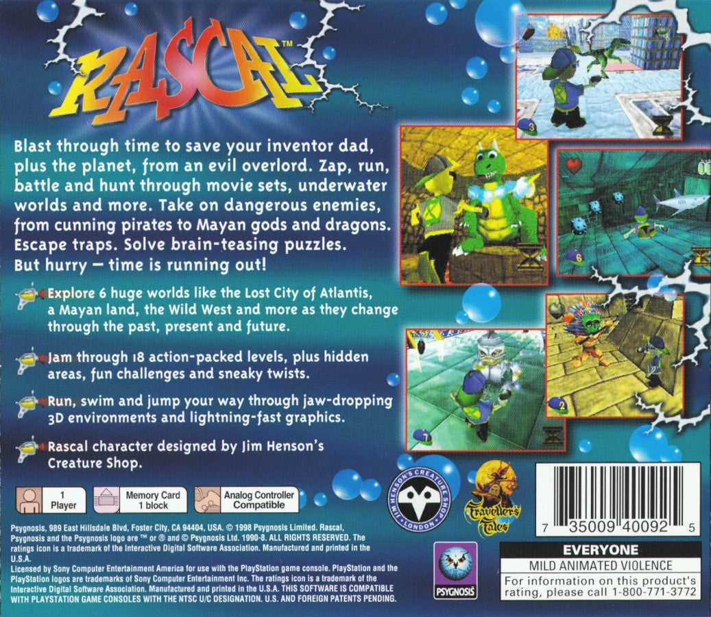 Rascal 3D platformer video game for the original Sony PlayStation (PS1), featuring the mischievous time-traveling hero Rascal as he uses his bubble gun to battle enemies, explore different time periods, solve puzzles, collect items, and rescue his kidnapped inventor father across medieval castles, Atlantis, pirate ships, prehistoric worlds, the Wild West, and the Time Dimension back cover art
