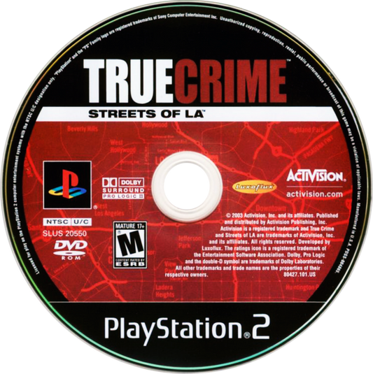 True Crime Streets of LA PS2 Sony PlayStation 2 open world action adventure crime game police detective gameplay driving shooting martial arts combos Los Angeles city map branching story multiple endings retro gaming PlayStation 2 software video game title disc