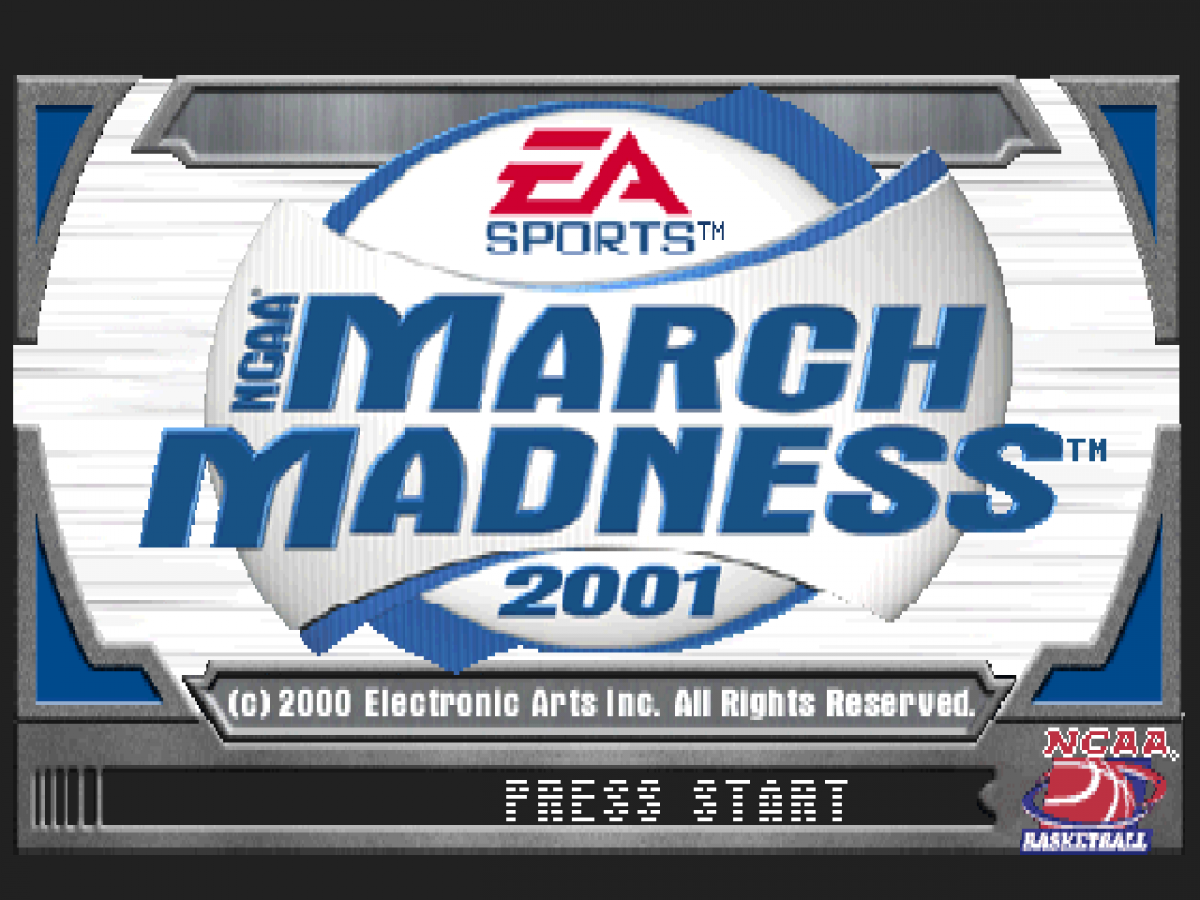 NCAA March Madness 2001 title card for PlayStation 1 (PS1) retro basketball video game