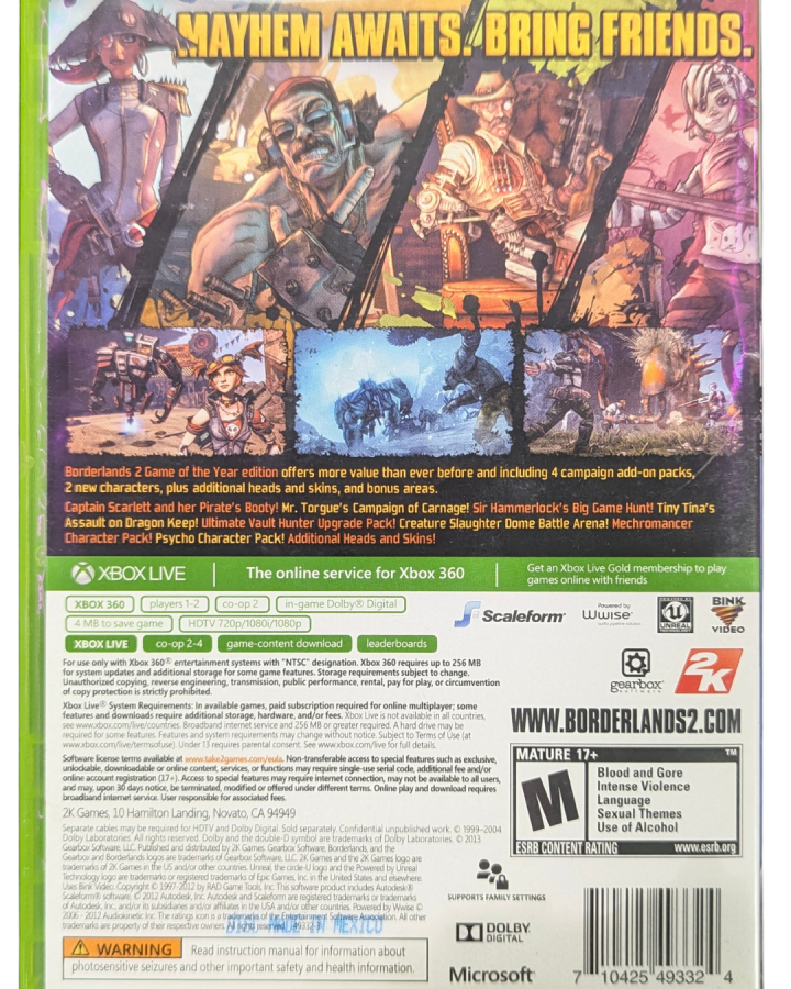 Borderlands 2 Game of the Year GOTY Edition Xbox 360 first-person shooter looter-shooter RPG with co-op gameplay cel-shaded art style vault hunting and extensive DLC content back cover