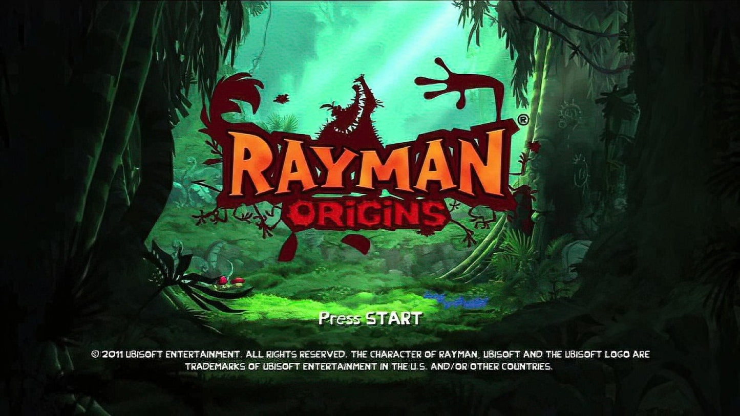 Rayman Origins start screen for Xbox 360 (X360) platformer adventure video game