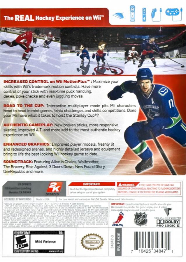 NHL 2K11 – Nintendo Wii (Wii) ice hockey sports simulation video game back of case
