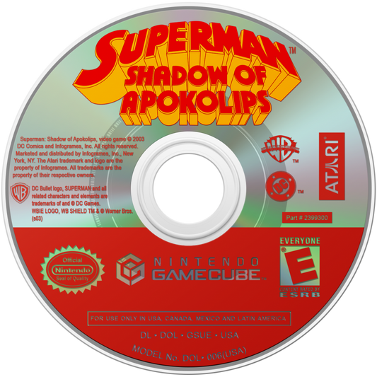 Superman: Shadow of Apokolips disc art for GameCube game featuring cel-shaded action adventure gameplay inspired by the animated series