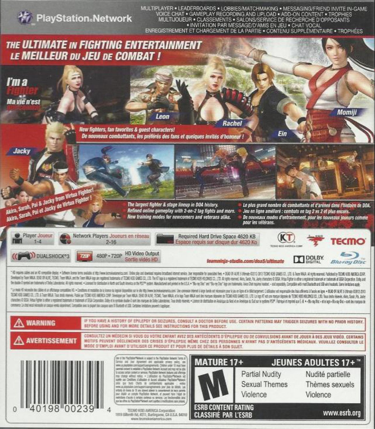 Dead or Alive 5 Ultimate PlayStation 3 fighting game with enhanced graphics expanded roster dynamic stages tag team battles and deep counter system for Sony PlayStation 3 console back cover