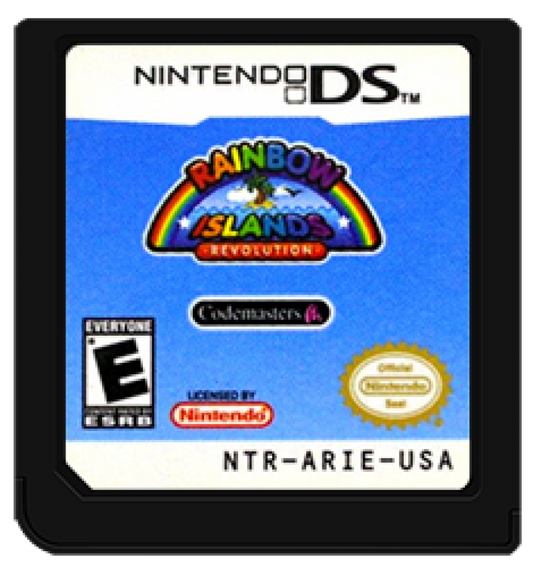 Nintendo DS game cartridge for 'Rainbow Islands Revolution' with colorful design and branding.