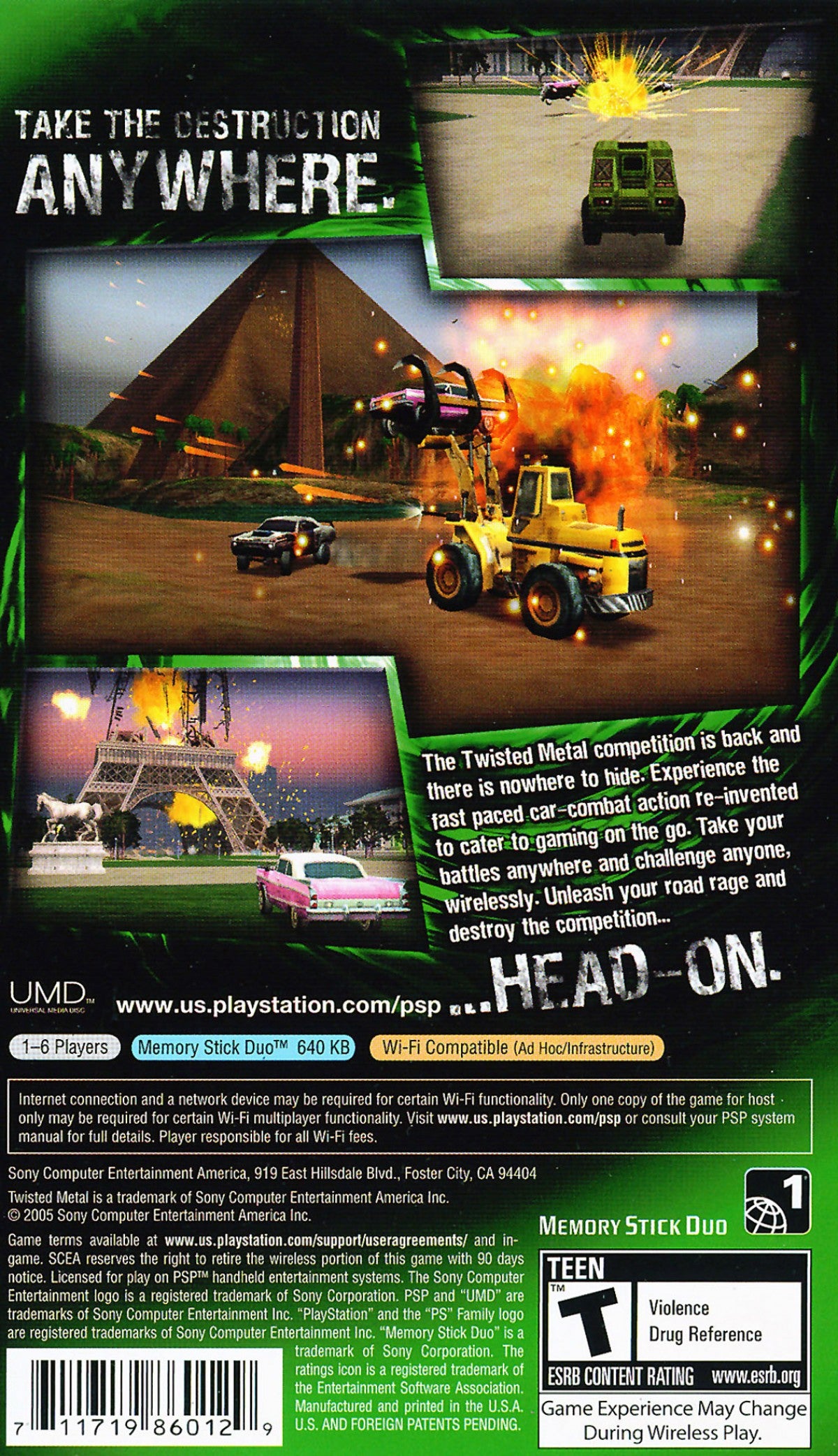 Twisted Metal: Head On – back of case for PlayStation Portable (PSP) vehicular combat game