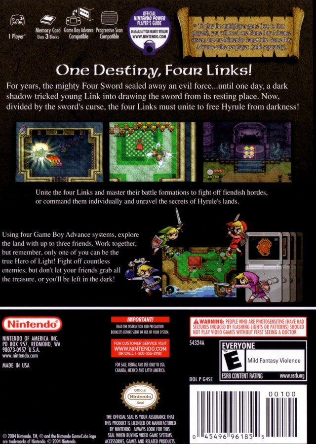 The Legend of Zelda Four Swords Adventures Player's Choice Nintendo GameCube GCN for retro video game enthusiasts featuring cooperative action adventure gameplay multiplayer dungeon exploration classic Zelda puzzles Link teamwork iconic fantasy quests and collectible gaming appeal back cover