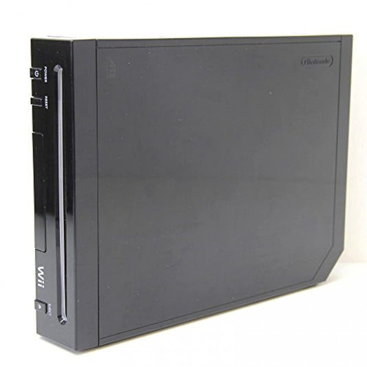 Angled side view of the black Wii Family Edition console, the non-backward-compatible model, showing the front disc slot and buttons along with the smooth side panel.
