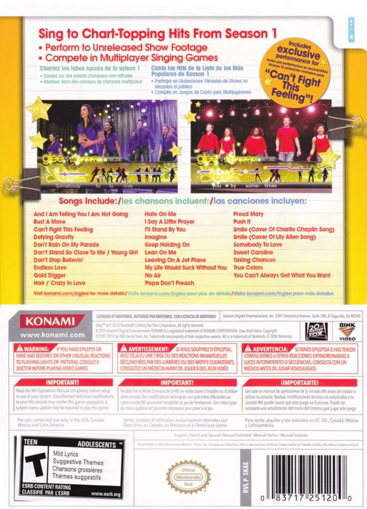 Karaoke Revolution: Glee – Nintendo Wii (Wii) karaoke rhythm music video game back of case