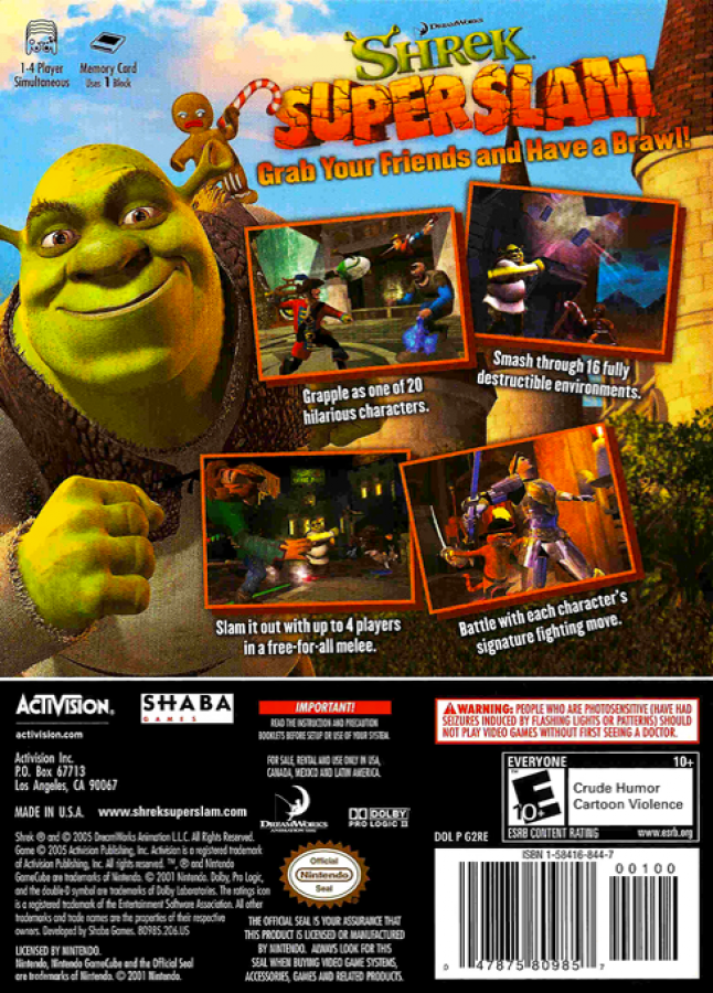 Shrek SuperSlam back of case for Nintendo GameCube (GC) multiplayer fighting video game